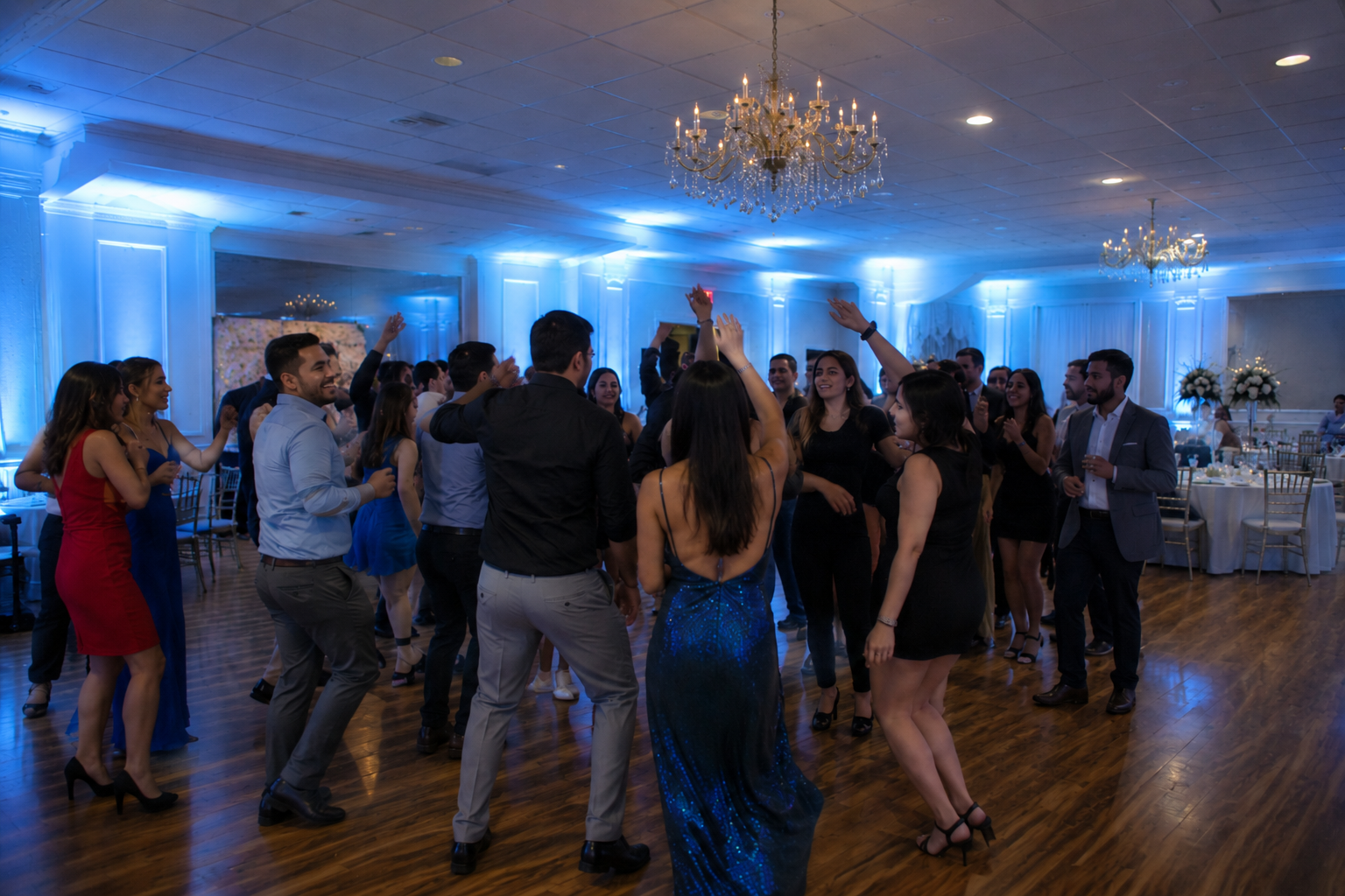 Guests dance in a blue-lit ballroom with chandeliers, wearing formal attire and smiling.