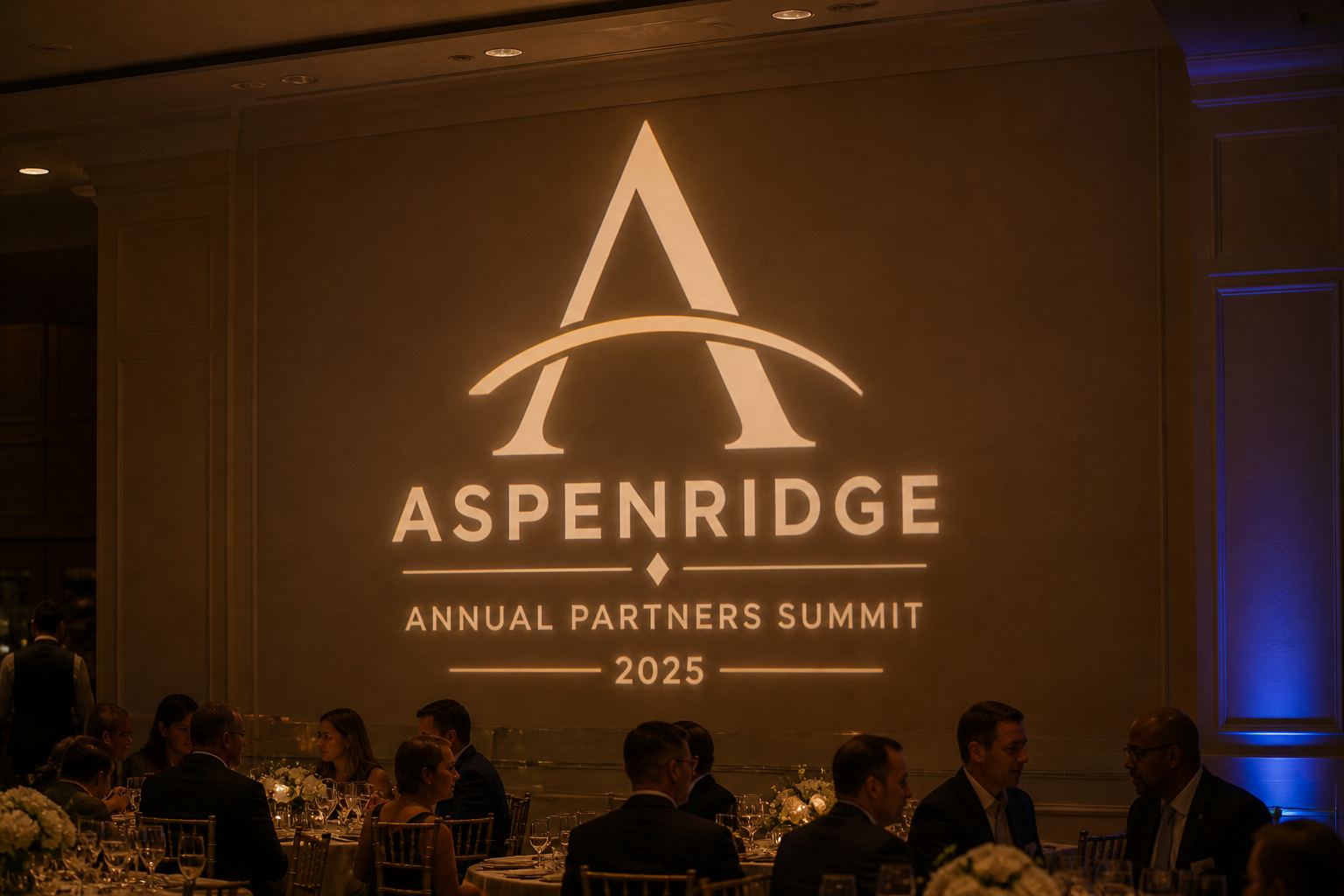 Projected Aspenridge logo and text reading 'Annual Partners Summit 2025' on a wall, with guests seated at tables in a dimly lit banquet hall.