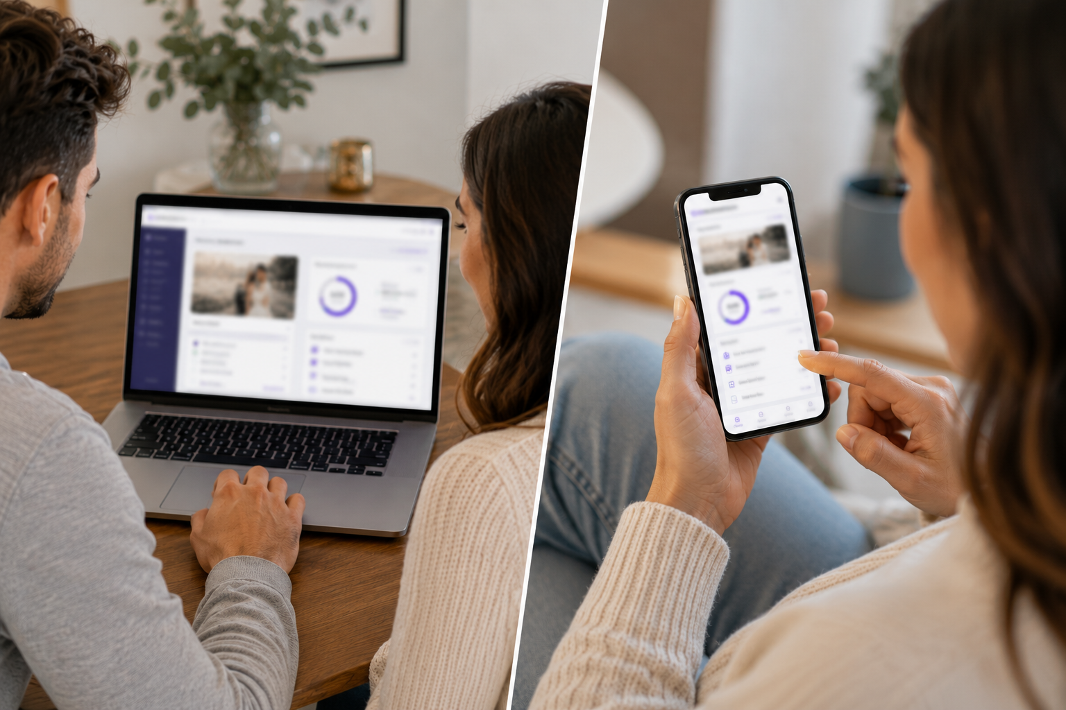 Two people use a laptop and a smartphone to view the same dashboard on different devices.